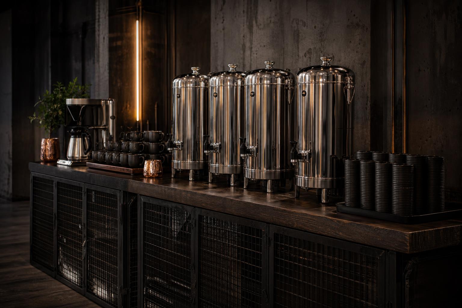 Filterkaffee-Station mit Edelstahl-Behältern auf industrieller Gitterbox-Bar